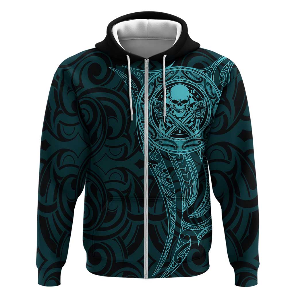 New Zealand Skull Darts Zip Hoodie Aotearoa Maori Chest Tattoo Stylized Teal - Polynesian Pride