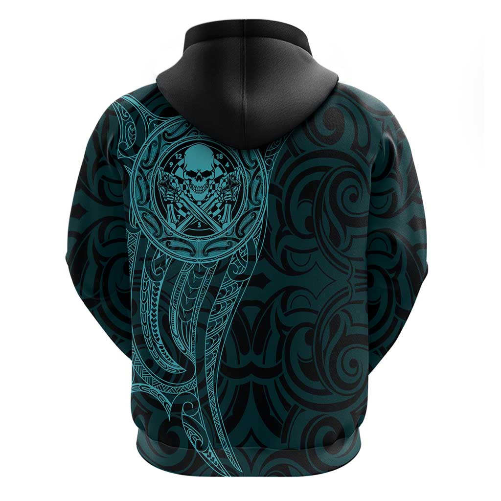 New Zealand Skull Darts Zip Hoodie Aotearoa Maori Chest Tattoo Stylized Teal - Polynesian Pride