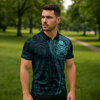 New Zealand Skull Darts Zipper Polo Shirt Aotearoa Maori Chest Tattoo Stylized Teal - Polynesian Pride