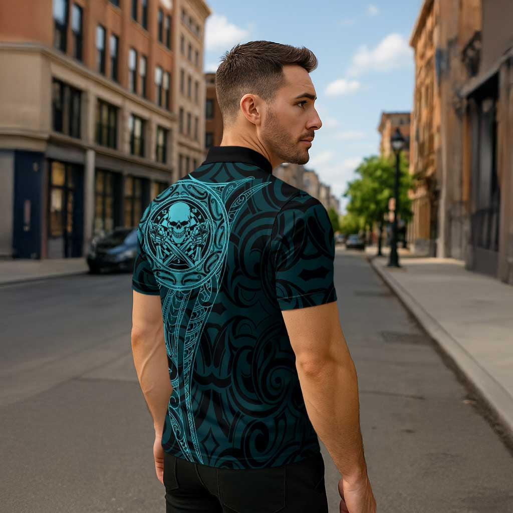 New Zealand Skull Darts Zipper Polo Shirt Aotearoa Maori Chest Tattoo Stylized Teal - Polynesian Pride