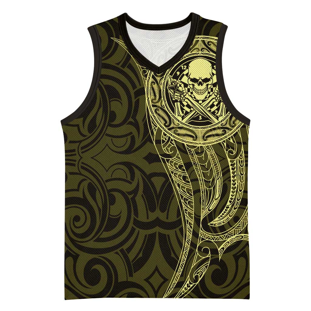New Zealand Skull Darts Basketball Jersey Aotearoa Maori Chest Tattoo Stylized Gold - Polynesian Pride