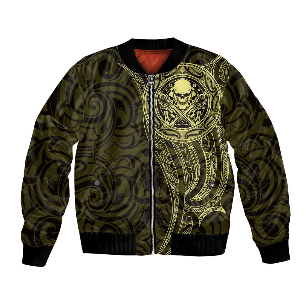 New Zealand Skull Darts Bomber Jacket Aotearoa Maori Chest Tattoo Stylized Gold - Polynesian Pride