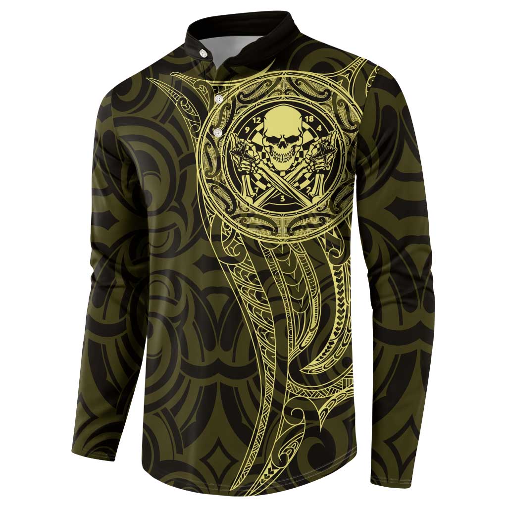 New Zealand Skull Darts Button Sweatshirt Aotearoa Maori Chest Tattoo Stylized Gold - Polynesian Pride