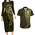 New Zealand Skull Darts Couples Matching Long Sleeve Bodycon Dress and Hawaiian Shirt Aotearoa Maori Chest Tattoo Stylized Gold - Polynesian Pride