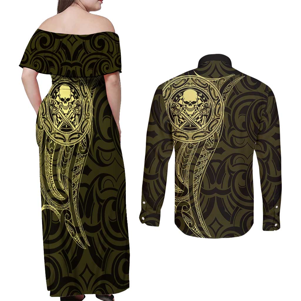 New Zealand Skull Darts Couples Matching Off Shoulder Maxi Dress and Long Sleeve Button Shirt Aotearoa Maori Chest Tattoo Stylized Gold - Polynesian Pride