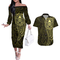 New Zealand Skull Darts Couples Matching Off The Shoulder Long Sleeve Dress and Hawaiian Shirt Aotearoa Maori Chest Tattoo Stylized Gold - Polynesian Pride