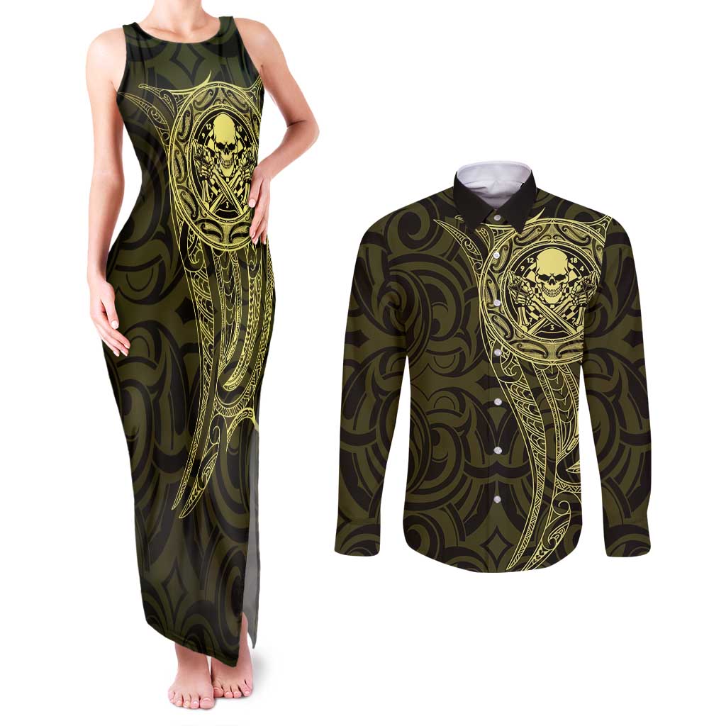 New Zealand Skull Darts Couples Matching Tank Maxi Dress and Long Sleeve Button Shirt Aotearoa Maori Chest Tattoo Stylized Gold - Polynesian Pride