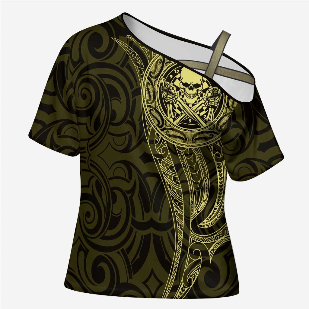 New Zealand Skull Darts Cross Shoulder Shirt Aotearoa Maori Chest Tattoo Stylized Gold - Polynesian Pride