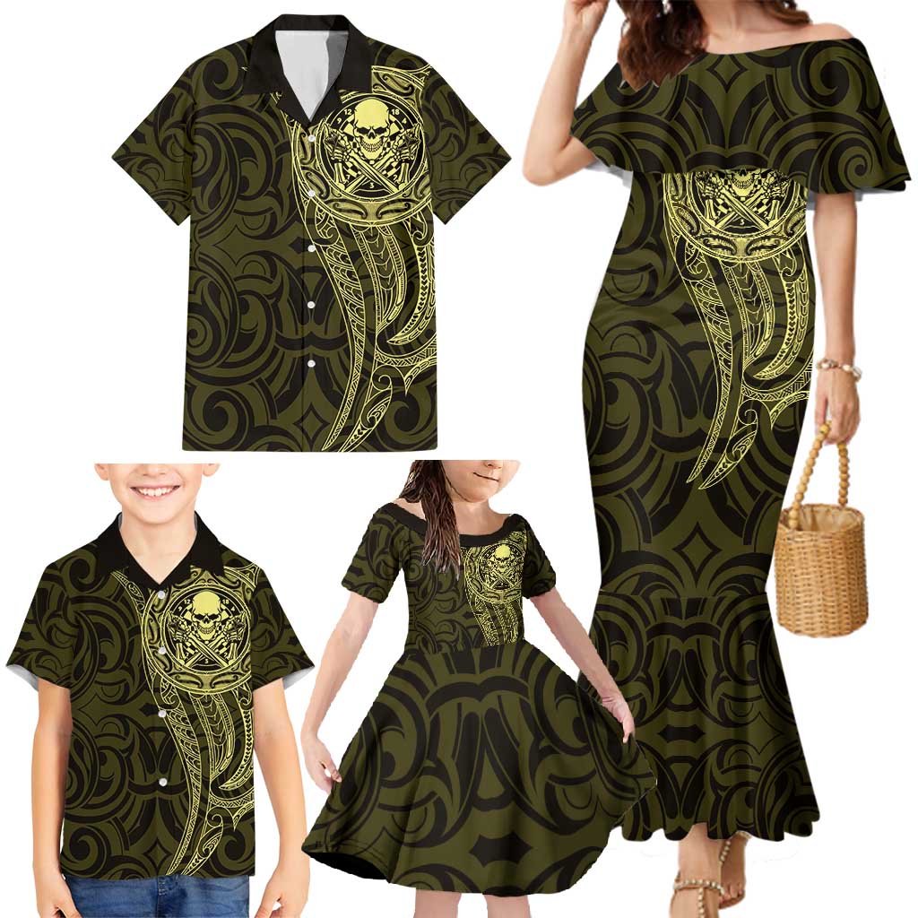 New Zealand Skull Darts Family Matching Mermaid Dress and Hawaiian Shirt Aotearoa Maori Chest Tattoo Stylized Gold - Polynesian Pride