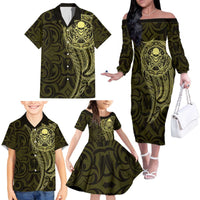 New Zealand Skull Darts Family Matching Off The Shoulder Long Sleeve Dress and Hawaiian Shirt Aotearoa Maori Chest Tattoo Stylized Gold - Polynesian Pride