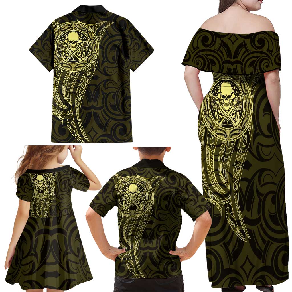 New Zealand Skull Darts Family Matching Off Shoulder Maxi Dress and Hawaiian Shirt Aotearoa Maori Chest Tattoo Stylized Gold - Polynesian Pride