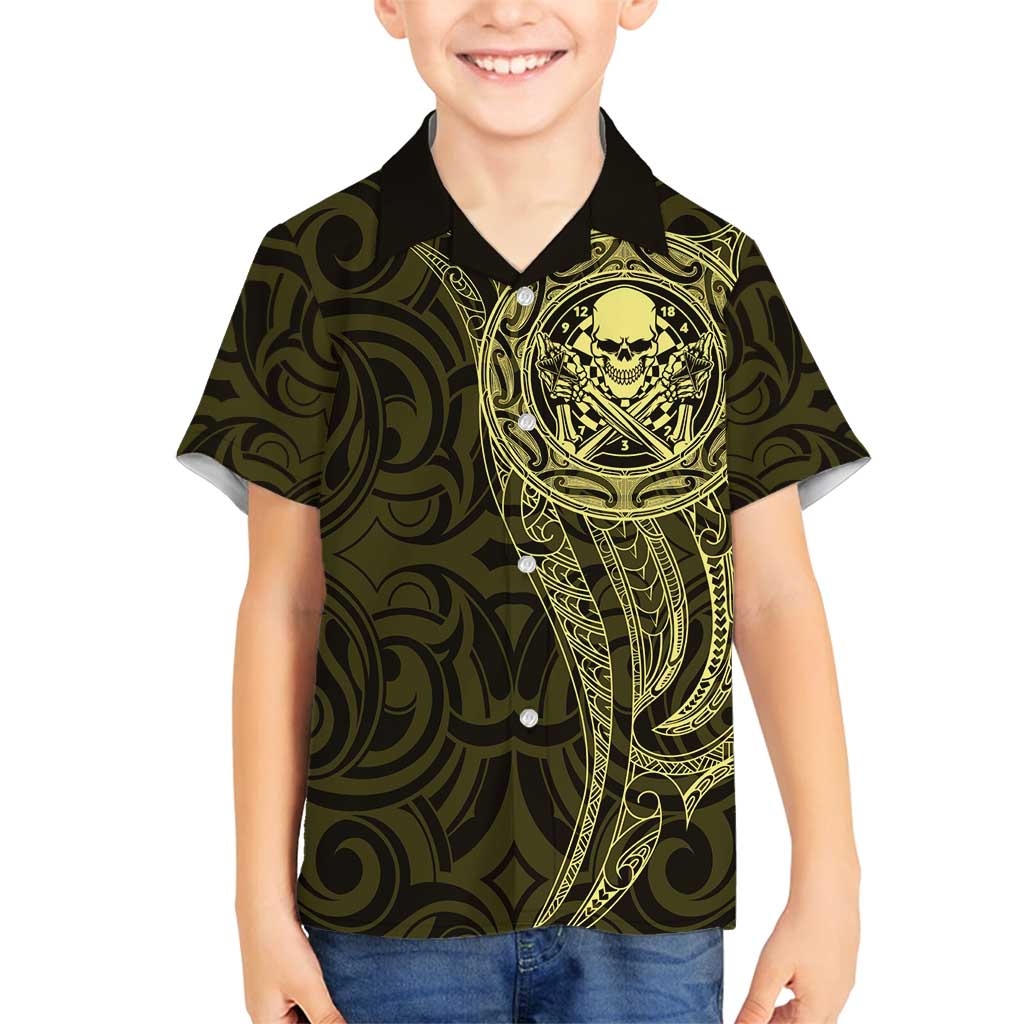 New Zealand Skull Darts Family Matching Off Shoulder Maxi Dress and Hawaiian Shirt Aotearoa Maori Chest Tattoo Stylized Gold - Polynesian Pride