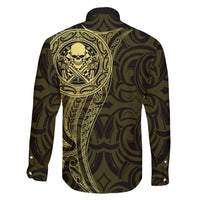 New Zealand Skull Darts Family Matching Off Shoulder Short Dress and Hawaiian Shirt Aotearoa Maori Chest Tattoo Stylized Gold - Polynesian Pride