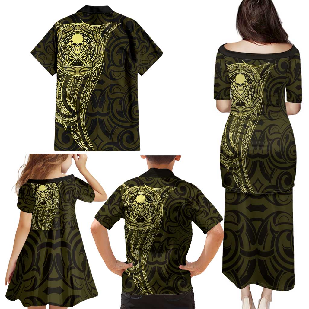 New Zealand Skull Darts Family Matching Puletasi and Hawaiian Shirt Aotearoa Maori Chest Tattoo Stylized Gold - Polynesian Pride