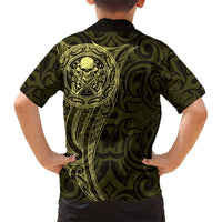 New Zealand Skull Darts Family Matching Summer Maxi Dress and Hawaiian Shirt Aotearoa Maori Chest Tattoo Stylized Gold - Polynesian Pride