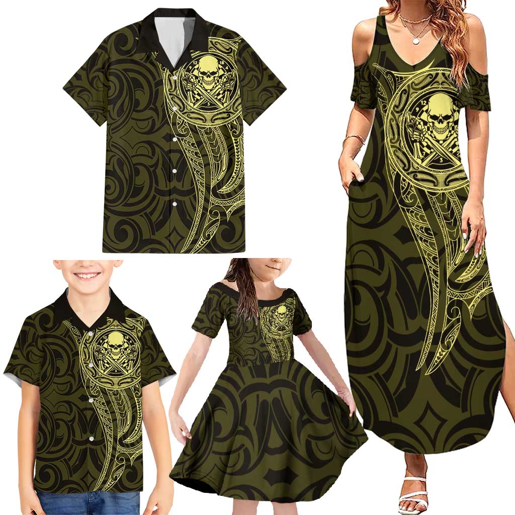 New Zealand Skull Darts Family Matching Summer Maxi Dress and Hawaiian Shirt Aotearoa Maori Chest Tattoo Stylized Gold - Polynesian Pride