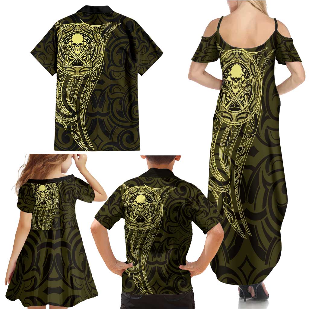 New Zealand Skull Darts Family Matching Summer Maxi Dress and Hawaiian Shirt Aotearoa Maori Chest Tattoo Stylized Gold - Polynesian Pride