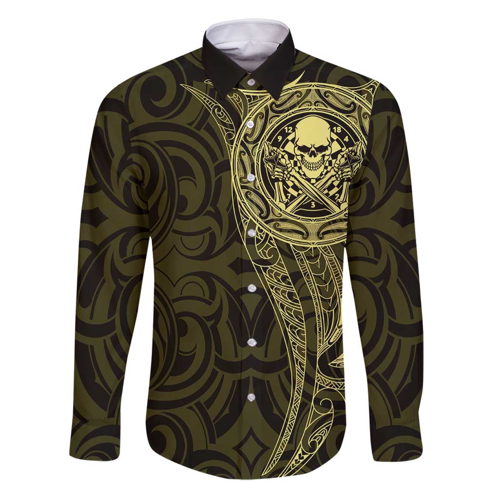 New Zealand Skull Darts Family Matching Summer Maxi Dress and Hawaiian Shirt Aotearoa Maori Chest Tattoo Stylized Gold - Polynesian Pride