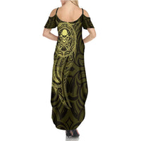 New Zealand Skull Darts Family Matching Summer Maxi Dress and Hawaiian Shirt Aotearoa Maori Chest Tattoo Stylized Gold - Polynesian Pride