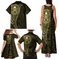 New Zealand Skull Darts Family Matching Tank Maxi Dress and Hawaiian Shirt Aotearoa Maori Chest Tattoo Stylized Gold - Polynesian Pride