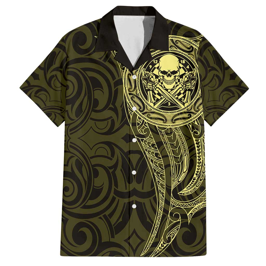 New Zealand Skull Darts Family Matching Tank Maxi Dress and Hawaiian Shirt Aotearoa Maori Chest Tattoo Stylized Gold - Polynesian Pride