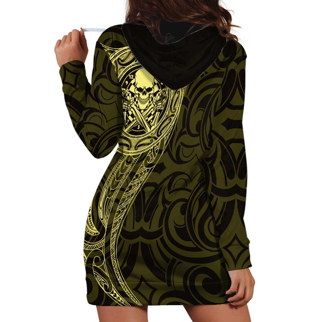 New Zealand Skull Darts Hoodie Dress Aotearoa Maori Chest Tattoo Stylized Gold - Polynesian Pride