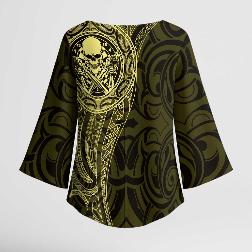 New Zealand Skull Darts Kimono Sleeve Blouse Aotearoa Maori Chest Tattoo Stylized Gold - Polynesian Pride