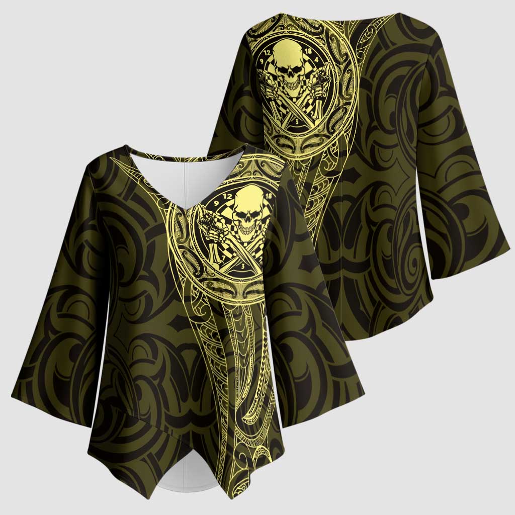 New Zealand Skull Darts Kimono Sleeve Blouse Aotearoa Maori Chest Tattoo Stylized Gold - Polynesian Pride