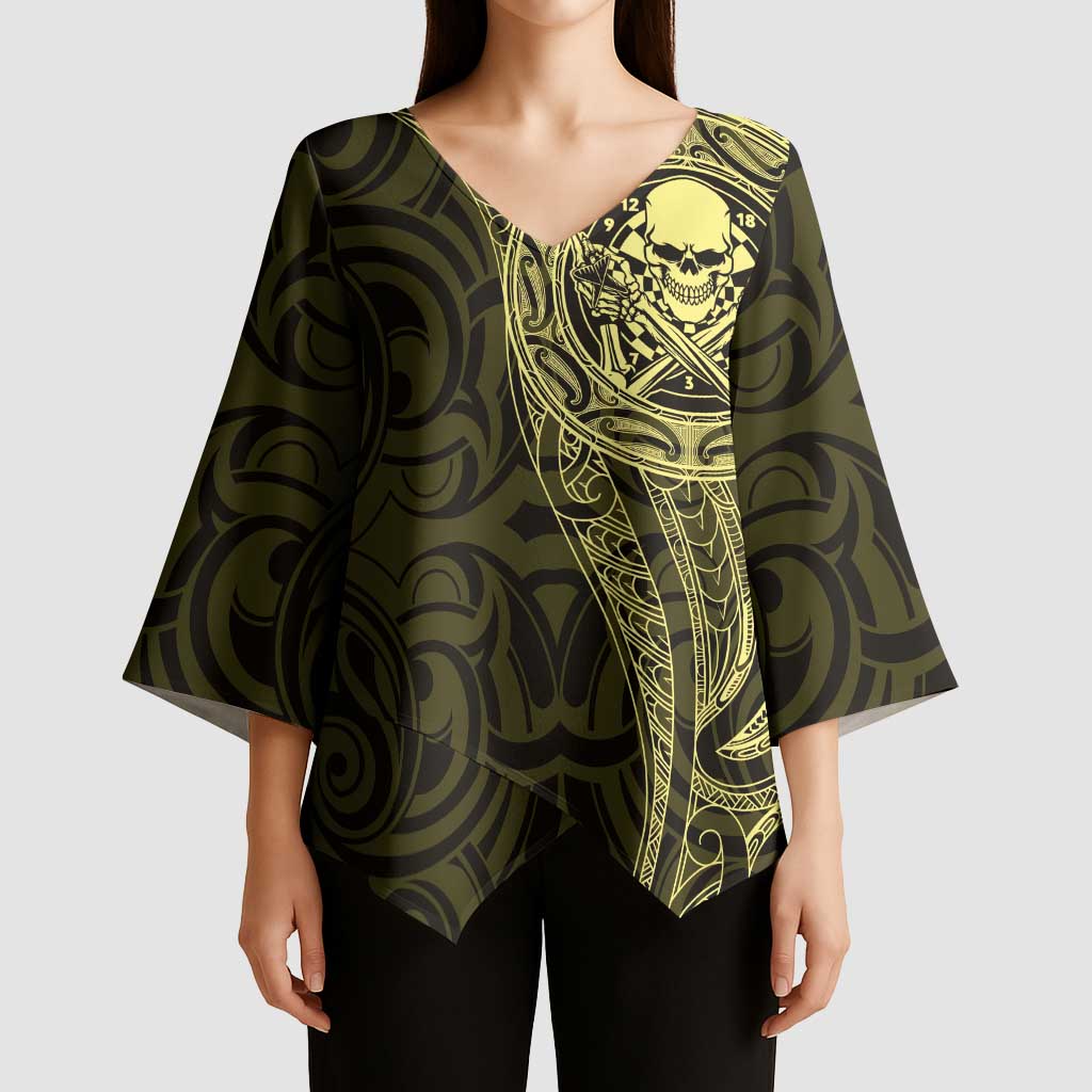 New Zealand Skull Darts Kimono Sleeve Blouse Aotearoa Maori Chest Tattoo Stylized Gold - Polynesian Pride