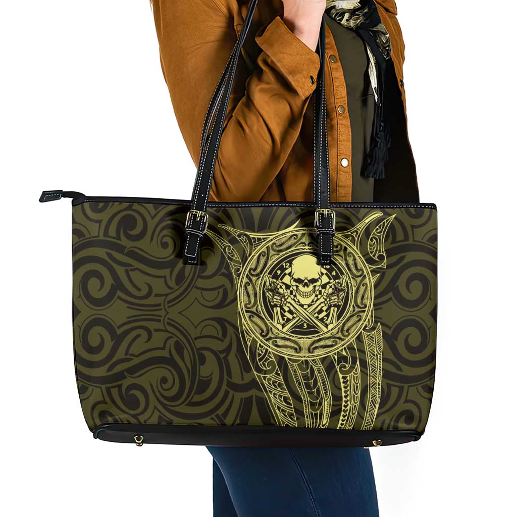 New Zealand Skull Darts Leather Tote Bag Aotearoa Maori Chest Tattoo Stylized Gold - Polynesian Pride