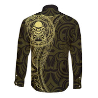 New Zealand Skull Darts Long Sleeve Button Shirt Aotearoa Maori Chest Tattoo Stylized Gold - Polynesian Pride