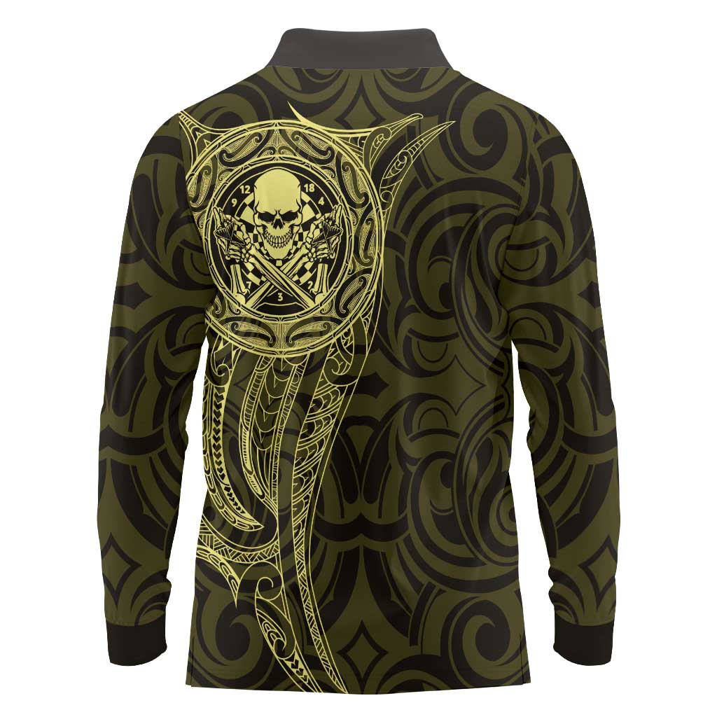 New Zealand Skull Darts Long Sleeve Polo Shirt Aotearoa Maori Chest Tattoo Stylized Gold - Polynesian Pride