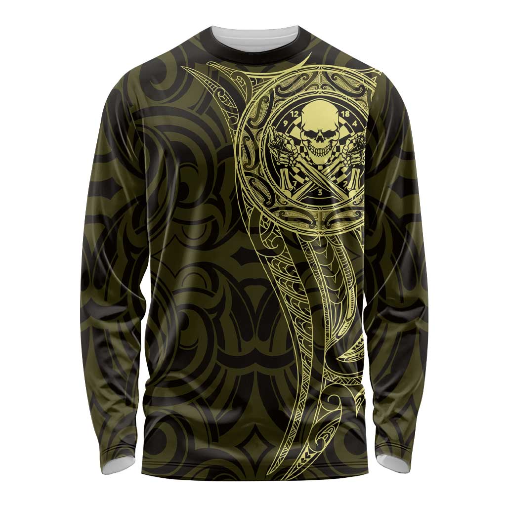 New Zealand Skull Darts Long Sleeve Shirt Aotearoa Maori Chest Tattoo Stylized Gold - Polynesian Pride