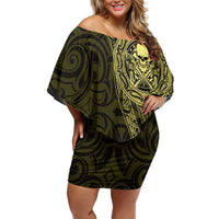 New Zealand Skull Darts Off Shoulder Short Dress Aotearoa Maori Chest Tattoo Stylized Gold - Polynesian Pride
