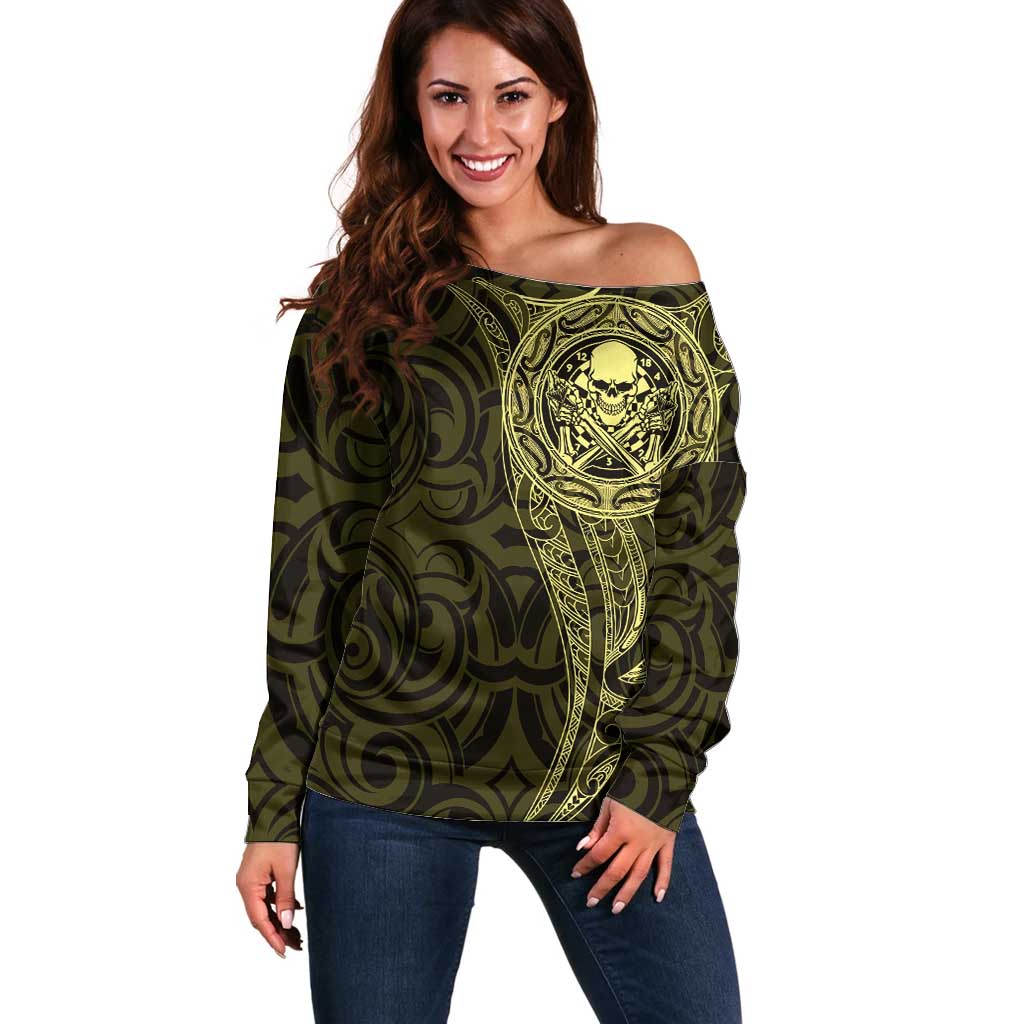 New Zealand Skull Darts Off Shoulder Sweater Aotearoa Maori Chest Tattoo Stylized Gold - Polynesian Pride