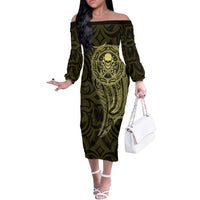 New Zealand Skull Darts Off The Shoulder Long Sleeve Dress Aotearoa Maori Chest Tattoo Stylized Gold - Polynesian Pride