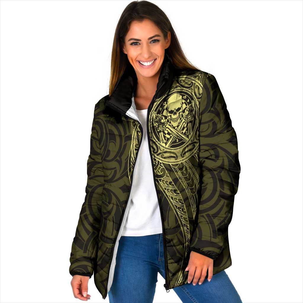 New Zealand Skull Darts Padded Jacket Aotearoa Maori Chest Tattoo Stylized Gold - Polynesian Pride