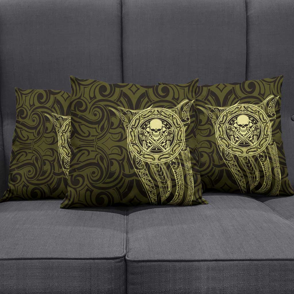 New Zealand Skull Darts Pillow Cover Aotearoa Maori Chest Tattoo Stylized Gold - Polynesian Pride