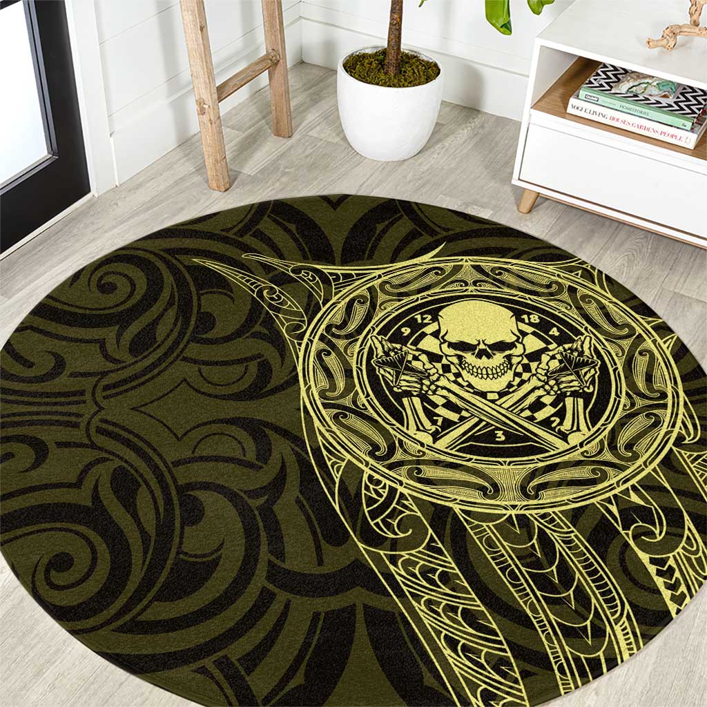 New Zealand Skull Darts Round Carpet Aotearoa Maori Chest Tattoo Stylized Gold - Polynesian Pride