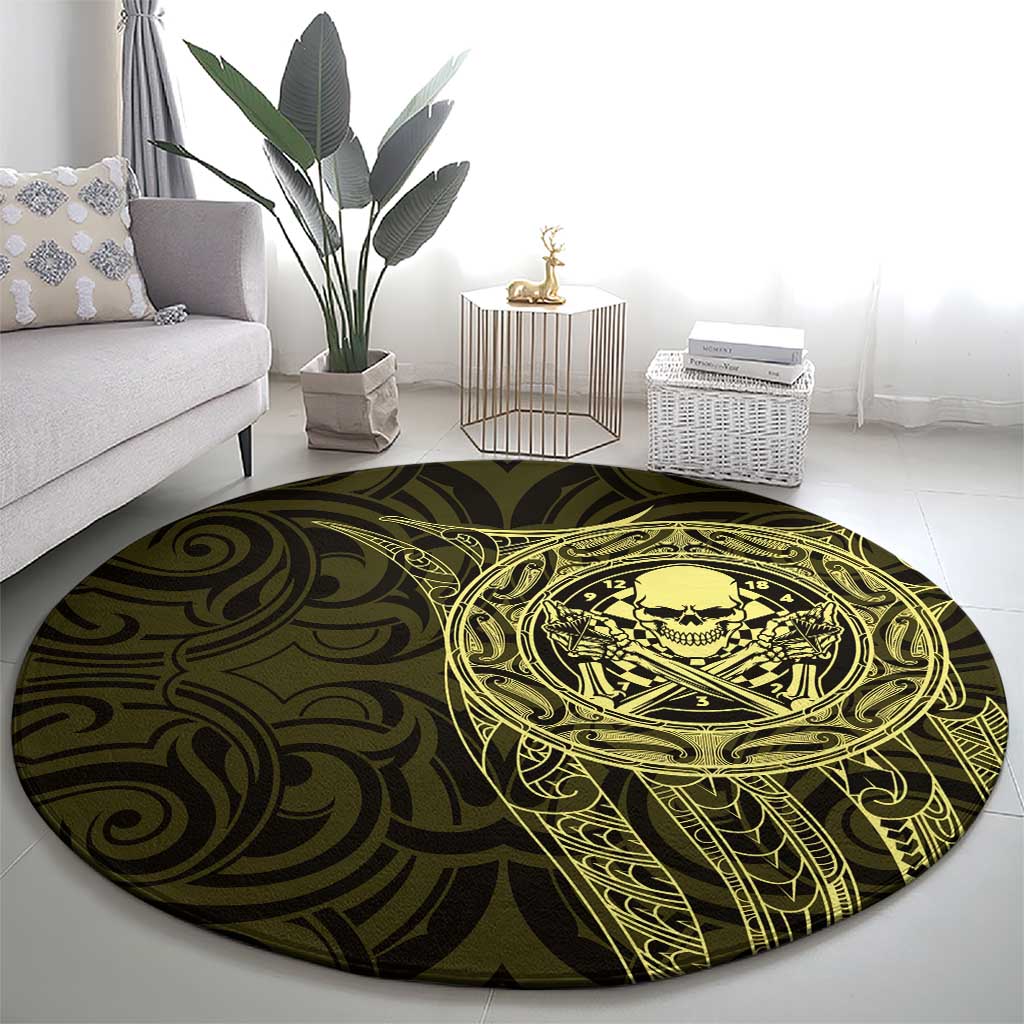 New Zealand Skull Darts Round Carpet Aotearoa Maori Chest Tattoo Stylized Gold - Polynesian Pride