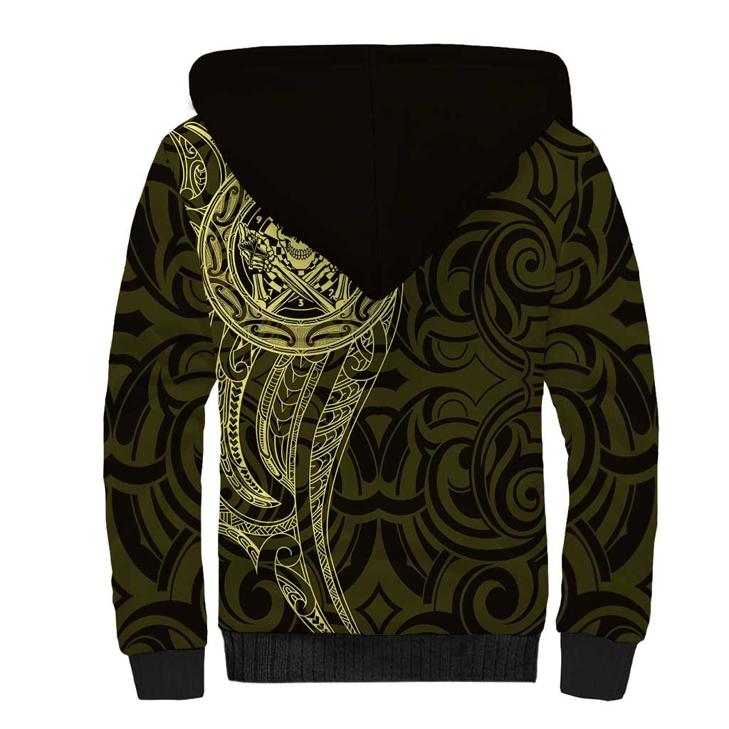 New Zealand Skull Darts Sherpa Hoodie Aotearoa Maori Chest Tattoo Stylized Gold - Polynesian Pride