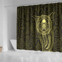 New Zealand Skull Darts Shower Curtain Aotearoa Maori Chest Tattoo Stylized Gold - Polynesian Pride
