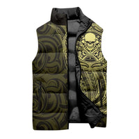 New Zealand Skull Darts Sleeveless Puffer Jacket Aotearoa Maori Chest Tattoo Stylized Gold - Polynesian Pride