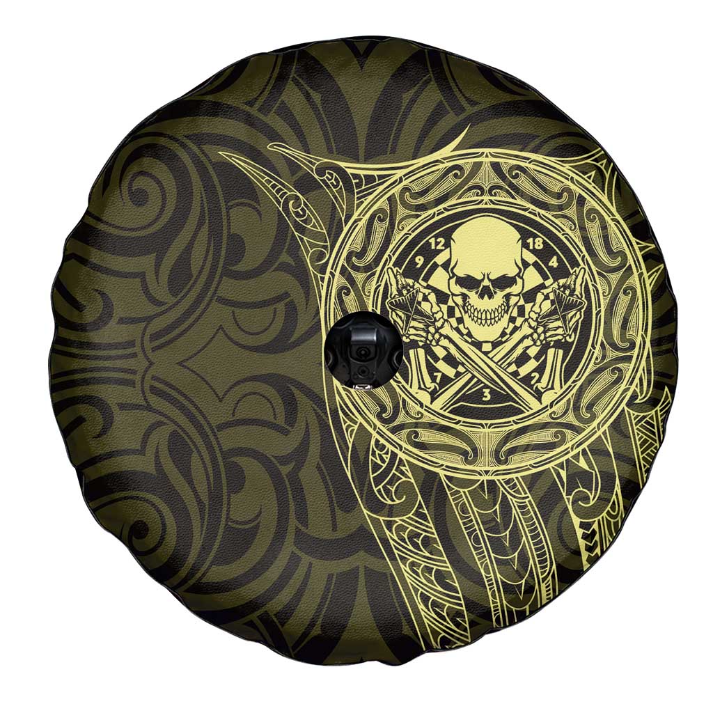 New Zealand Skull Darts Spare Tire Cover Aotearoa Maori Chest Tattoo Stylized Gold - Polynesian Pride