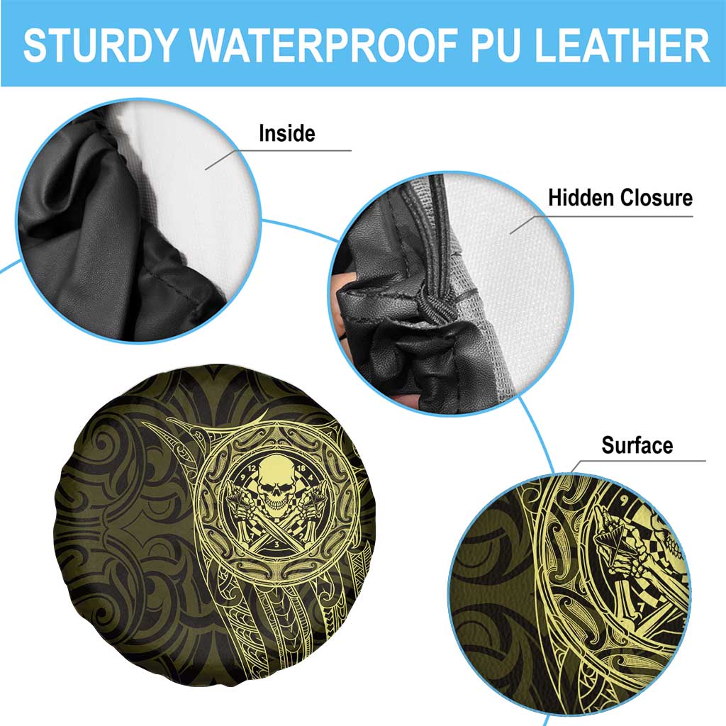 New Zealand Skull Darts Spare Tire Cover Aotearoa Maori Chest Tattoo Stylized Gold - Polynesian Pride