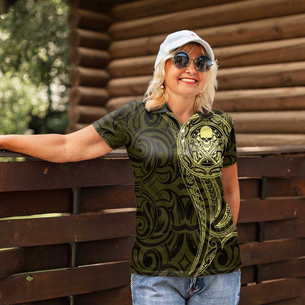 New Zealand Skull Darts Women Polo Shirt Aotearoa Maori Chest Tattoo Stylized Gold - Polynesian Pride