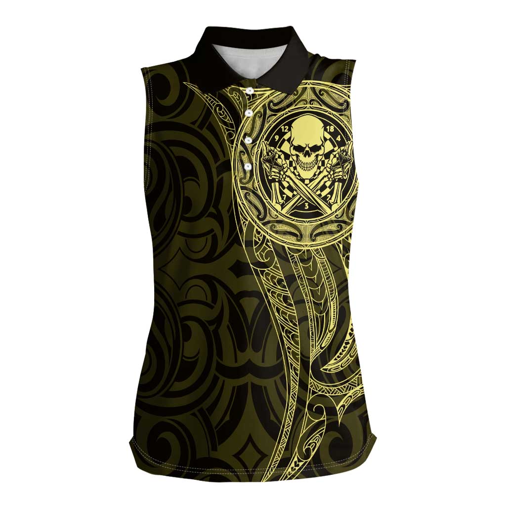 New Zealand Skull Darts Women Sleeveless Polo Shirt Aotearoa Maori Chest Tattoo Stylized Gold - Polynesian Pride