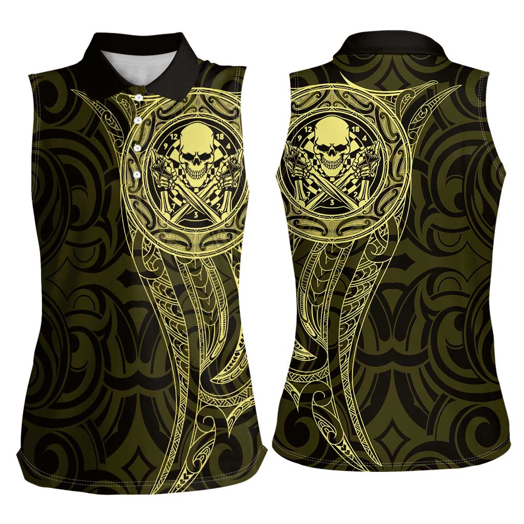 New Zealand Skull Darts Women Sleeveless Polo Shirt Aotearoa Maori Chest Tattoo Stylized Gold - Polynesian Pride
