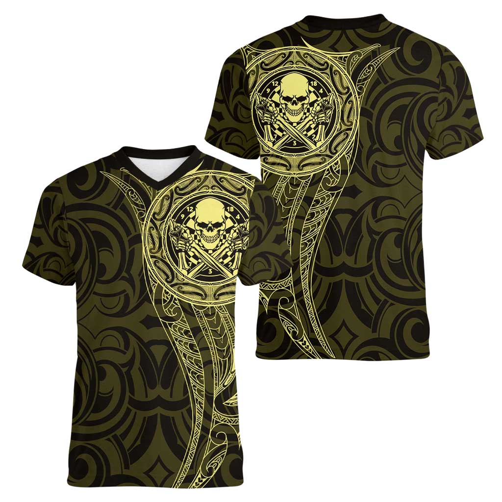New Zealand Skull Darts Women V-Neck T-Shirt Aotearoa Maori Chest Tattoo Stylized Gold - Polynesian Pride