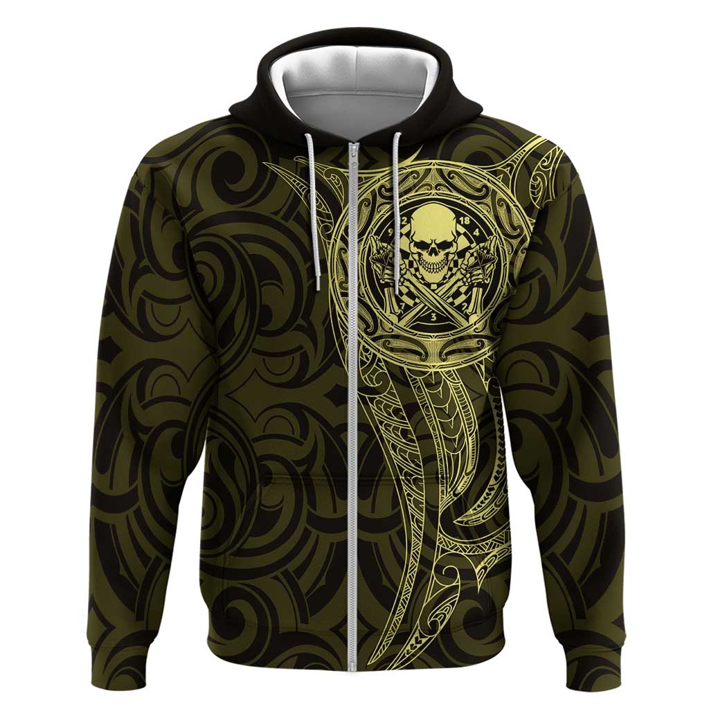 New Zealand Skull Darts Zip Hoodie Aotearoa Maori Chest Tattoo Stylized Gold - Polynesian Pride